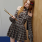 Preppy Plaid Off-Shoulder Mini Dress With Neck Bow Detail And Puff Sleeves R9308