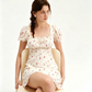 White Floral Print Mini Dress Women With Puff Sleeves And Square Neck R9466