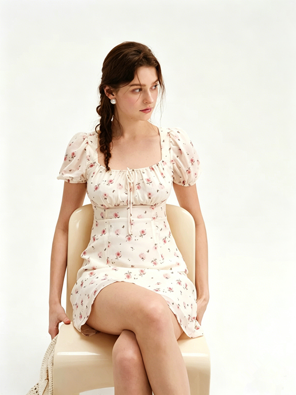 White Floral Print Mini Dress Women With Puff Sleeves And Square Neck R9466