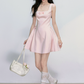 Pink French Hepburn Style Mini Dress Women With Square Neck And Bow Detail R9413
