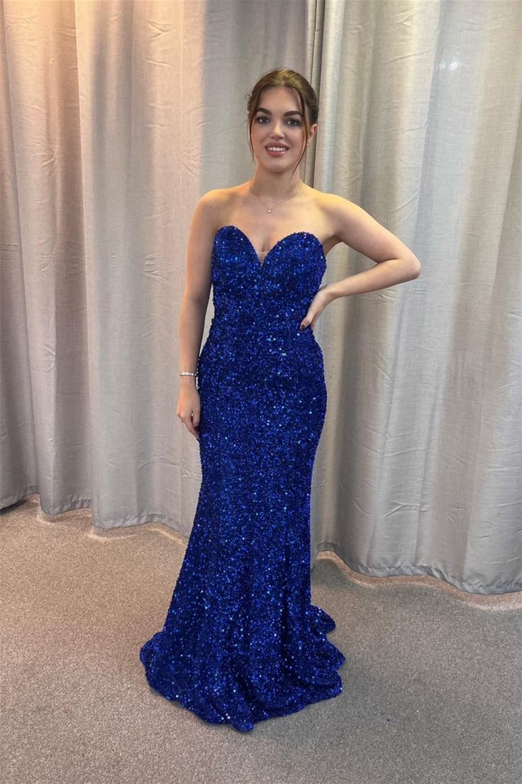 Sweetheart Royal Blue Sequin Mermaid Long Prom Dress with Lace Up Back       S5321