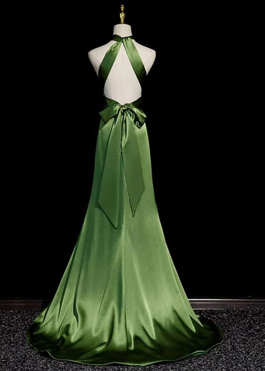 Modest Simple Green Split Front Evening Dresses A-Line Princess Prom Gown     S6949