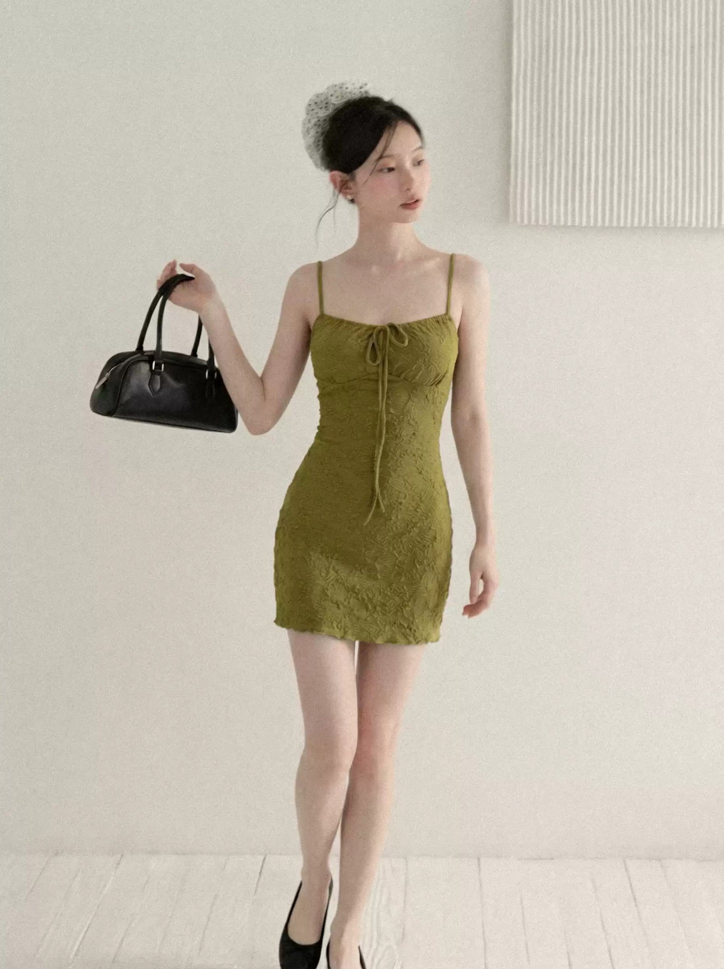Olive Green Lace Cami Mini Dress with Tie Front R9172