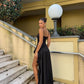 Spaghetti Strap Black Satin Dress Elegant Sleeveless Evening Dress     S5332