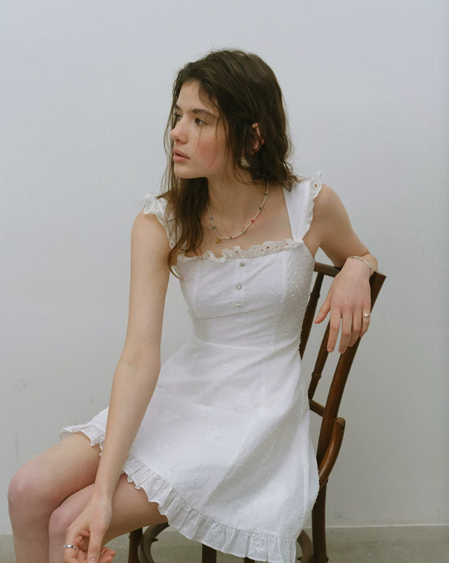 White Swiss Dot A-Line Mini Dress Women With Lace Ruffle Trim R9472
