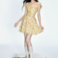Yellow Plaid Floral Print Dress Women With Lace Ruffle Trim And Square Neck R9420