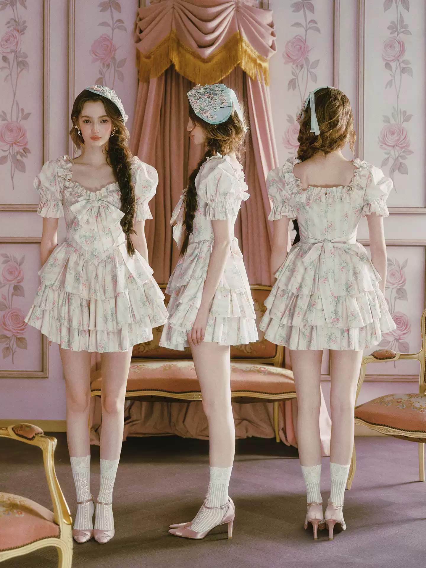 Romantic Princess Tiered Mini Dress Square Neck Ruffle Bow Floral Print Cotton R9190