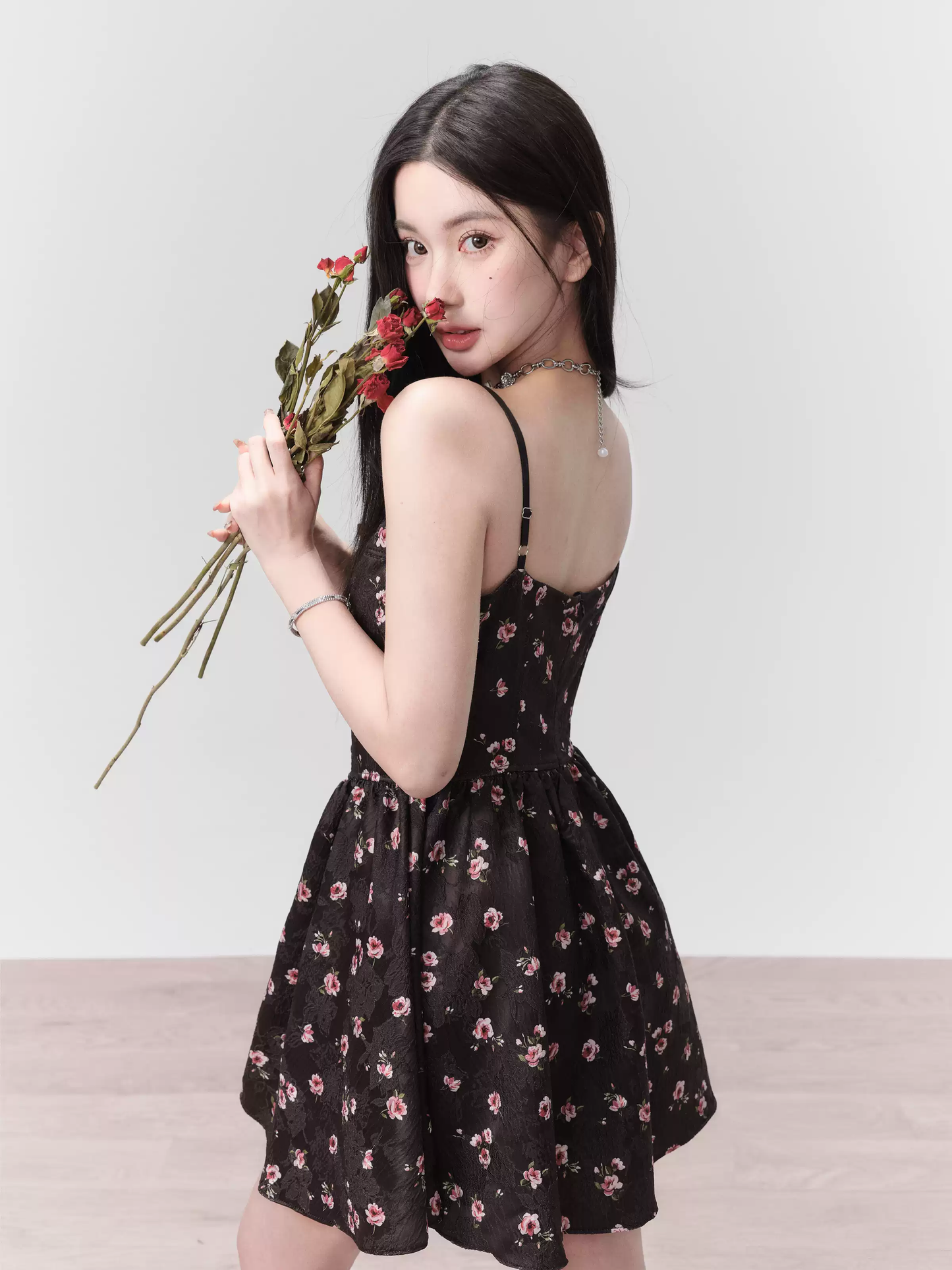 Black Floral Print Cami Dress Women With Lace Trim And Bow Detail R9449