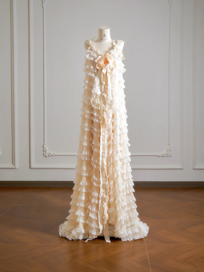 Light apricot halter-neck cake skirt long ball gown R8140