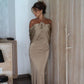 Champagne Evening Dress Sleeveless Floor Length 3D Flower Pleat Sexy Formal Occasion Dress     S7032