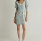 Blue Floral Print Mini Dress Women With Lace Trim Neckline And Puff Sleeves R9479