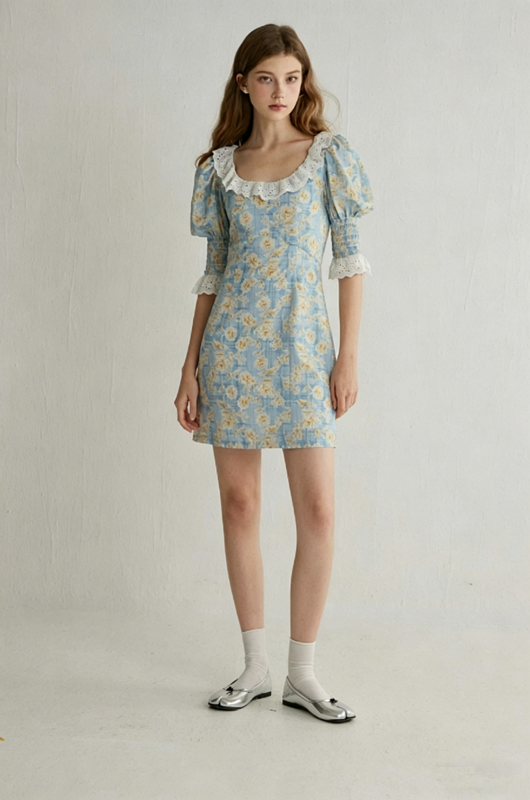 Blue Floral Print Mini Dress Women With Lace Trim Neckline And Puff Sleeves R9479