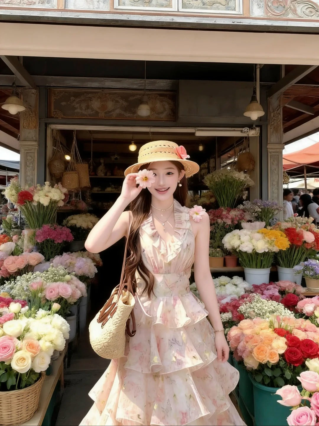 Ruffle V-Neck Floral Chiffon Vacation Dress R9123