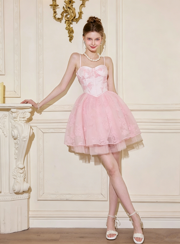 Corset Style Pink Floral Tulle Dress with Spaghetti Straps R9209