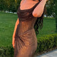Glitty Asymmetrical Ruched Slit Long Sequin Dress    S6955