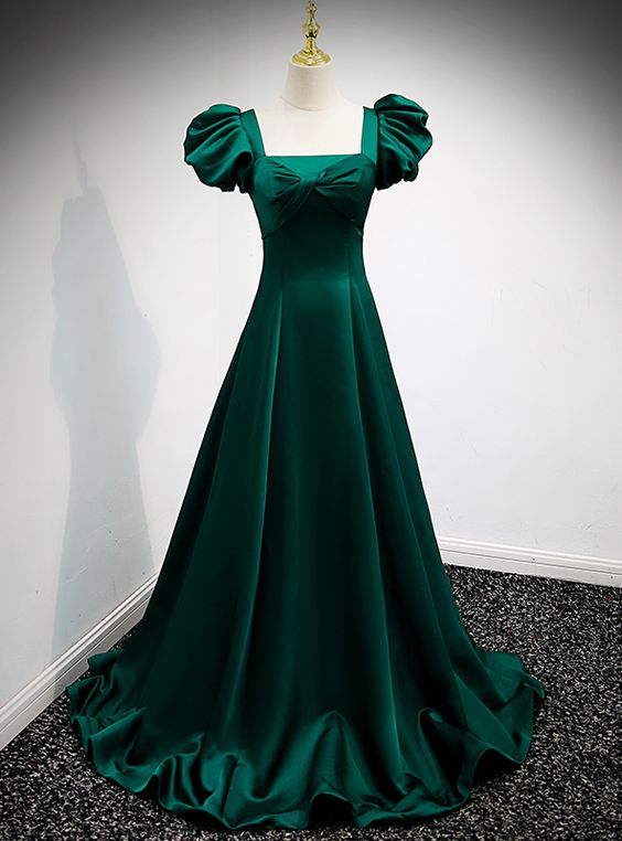 Green Satin Square Puff Sleeve Pleats Prom Dress       S5314