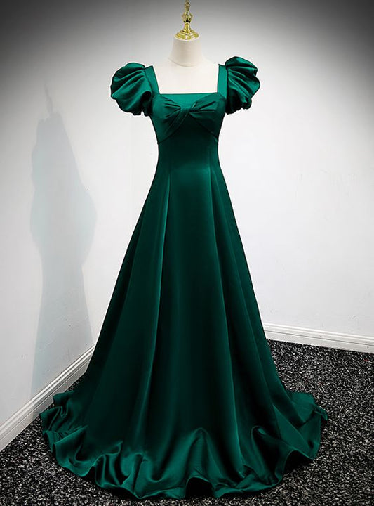 Green Satin Square Puff Sleeve Pleats Prom Dress       S5314