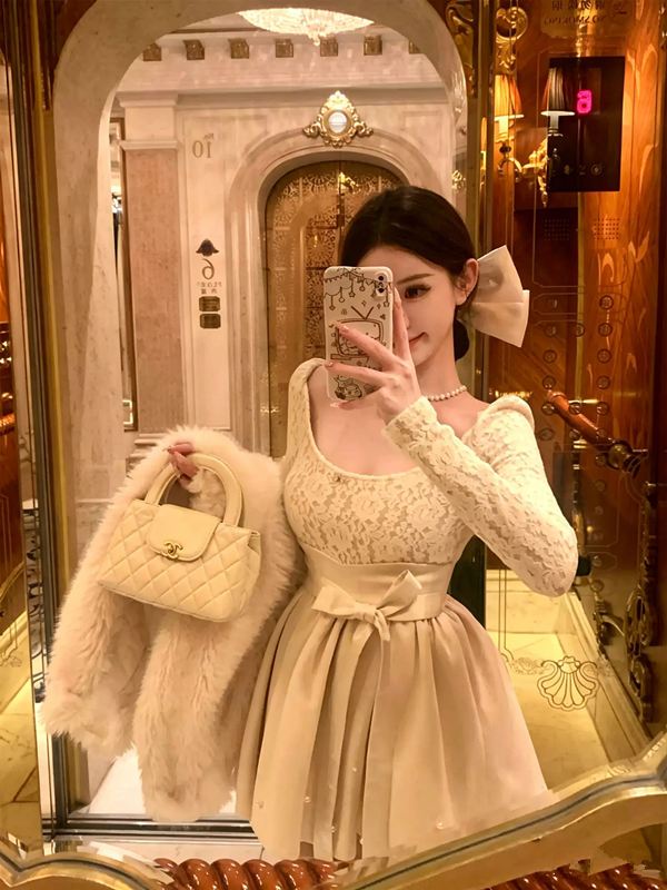 Balletcore Off-Shoulder Lace Trim Mini Dress with Bow Waist R9165