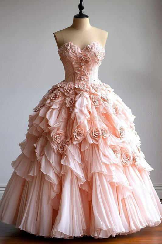 A Line Blush Pink Quinceanera Strapless Sweet 16 3D Flowers Party Ball Gown     S7232