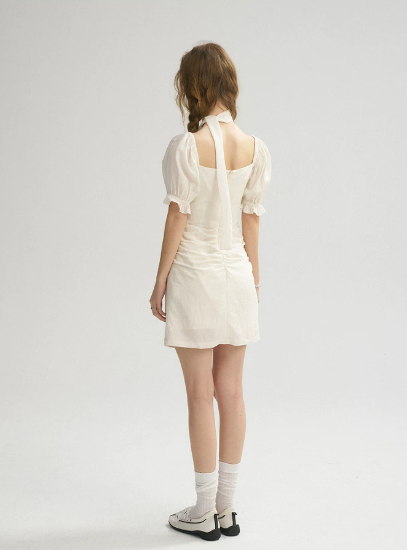 Cream White Square Neck Mini Dress Women With Puff Sleeves And Choker Tie R9453