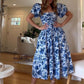 A Line Puff Sleeves Blue Floral Midi Evening Dress Prom Dress     S7044