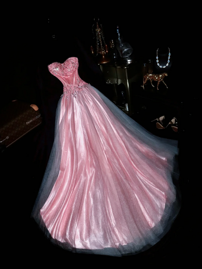 Pink strapless rhinestone high-waisted elegant fairy long ball gown R6926
