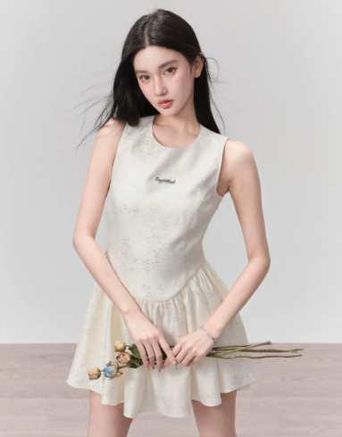 Cream White Sleeveless Jacquard Mini Dress Women With Corset Style Bodice R9450