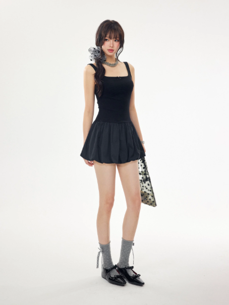 Spaghetti Strap Slim Fit Mini Dress Women Summer Puff Bubble Skirt Cami Dress R9381