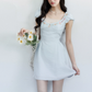 Light Blue Floral Embroidered Mini Dress Women With Lace Trim And Puff Sleeves R9414