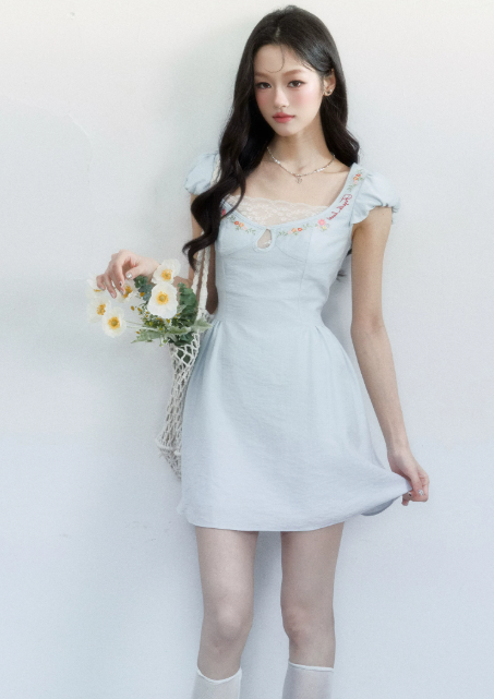 Light Blue Floral Embroidered Mini Dress Women With Lace Trim And Puff Sleeves R9414