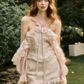 Fairycore Pink Floral Dress with Off Shoulder Ruffle Sleeves, Halter Neck and Layered Skirt R9272