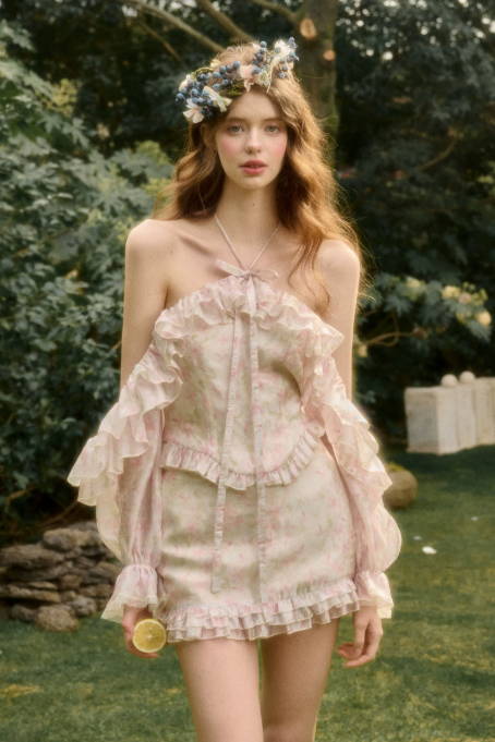 Fairycore Pink Floral Dress with Off Shoulder Ruffle Sleeves, Halter Neck and Layered Skirt R9272