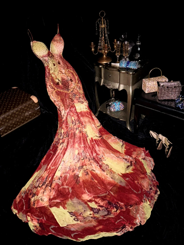 Red tie-dye halter-neck fitted long ball gown R6886