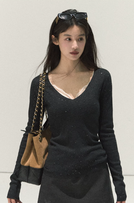 Summer New Arrival Sparkly Knit Mini Dress Women V-Neck Lace Patchwork Slim Dress R9371