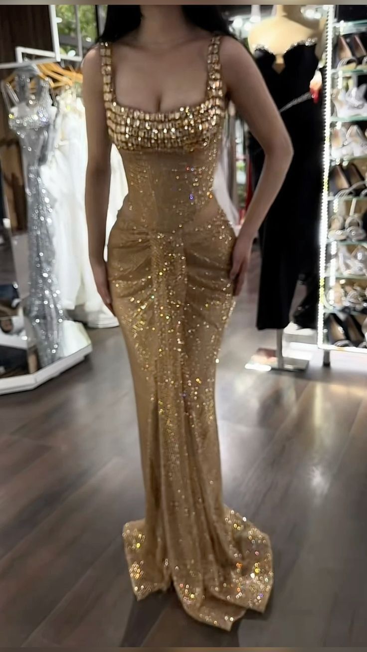 Sexy Gold Mermaid Long Evening Dresses Beaded Prom Gown     S6953