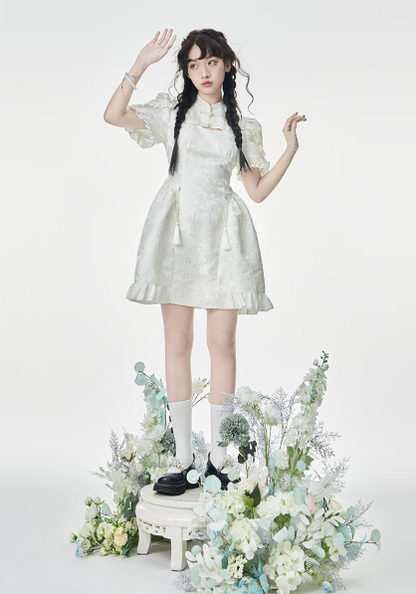 White Qipao Style Mini Dress with Mandarin Collar, Puff Short Sleeves and Ruffle Hem R9273