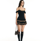 Black Mesh Off Shoulder Mini Dress Women Summer High Waist Tiered Ruffle Skirt R9384