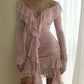 Pink Off Shoulder Chiffon Evening Gowns Party Dresses With Ruffles   S6943