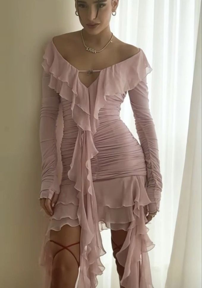 Pink Off Shoulder Chiffon Evening Gowns Party Dresses With Ruffles   S6943