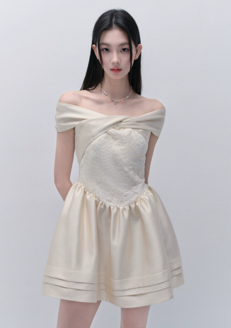 Cream Off The Shoulder Mini Dress Women With Lace Bodice And Satin Skirt R9426