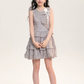 Elegant Coquette Gray Plaid Sleeveless Mini Dress With Tiered Skirt And Floral Accent R9302