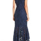 Navy blue lace v neck prom dress, long evening gown      S7000