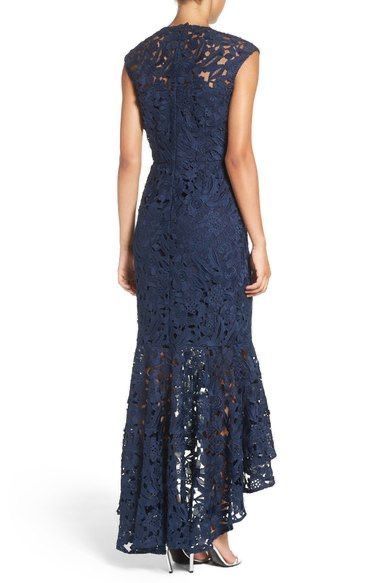 Navy blue lace v neck prom dress, long evening gown      S7000