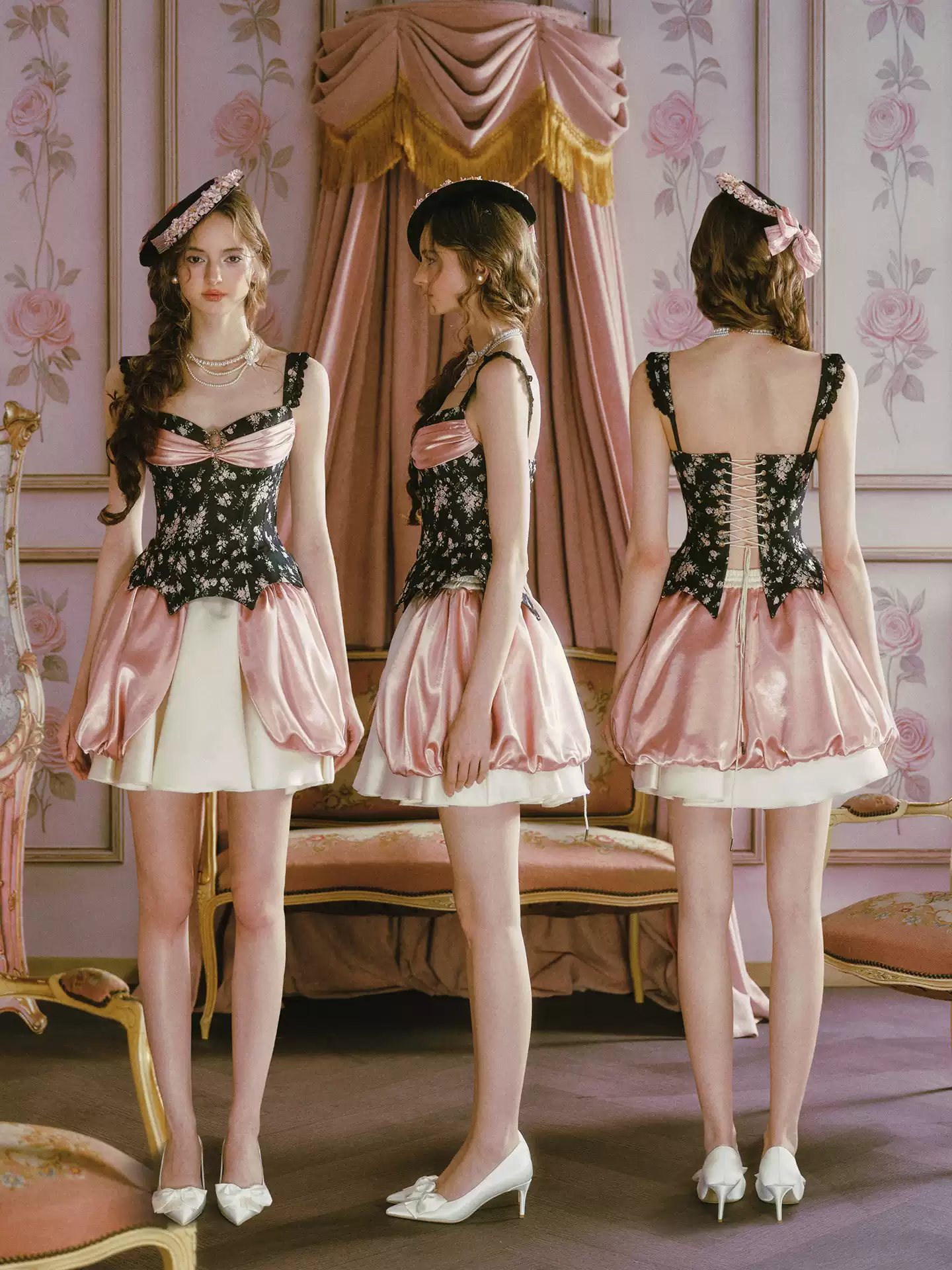 Rococo-Inspired Bustier Dress with Floral Print & Bubble Skirt R9203