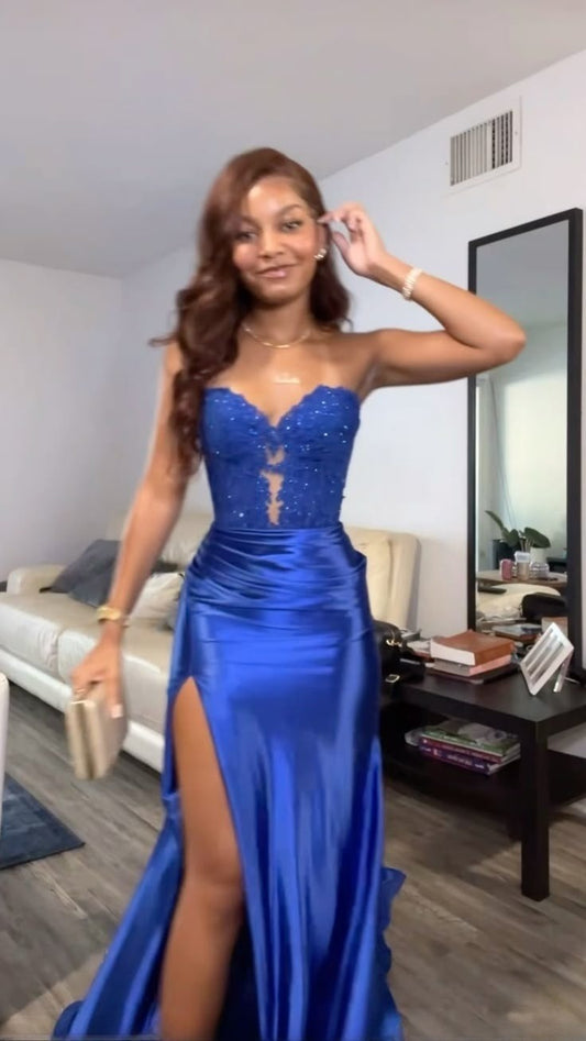 Classy Royal Blue Mermaid Long Evening Dress Prom Dresses With Slit         S7184