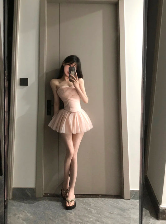 Balletcore Strapless Corset Mini Dress with Ruched Bodice R9143