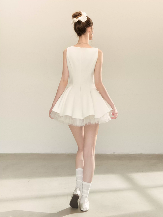 Coquette Bow Square Neck Flounce Dress with Sheer Tulle Layer R9216