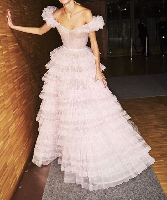 Princess A-Line Off the Shoulder Pink Tulle Prom Evening Dresses        S7112