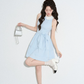 Retro Preppy Light Blue Sleeveless Dress, Peter Pan Collar with Bow Waist A-Line Mini Dress R9333