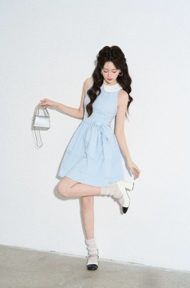 Retro Preppy Light Blue Sleeveless Dress, Peter Pan Collar with Bow Waist A-Line Mini Dress R9333